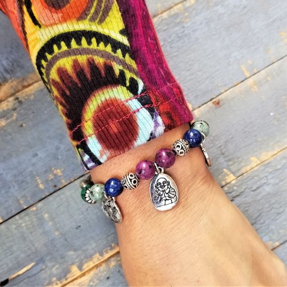 Artisan Hand Crafted Bracelet Stone Beads Buddha Lotus Flower Sunburst Charms - Picture 2 of 8